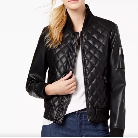 French Connection Black Diamond-Quilted Faux Leather Bomber Jacket Coat (L)